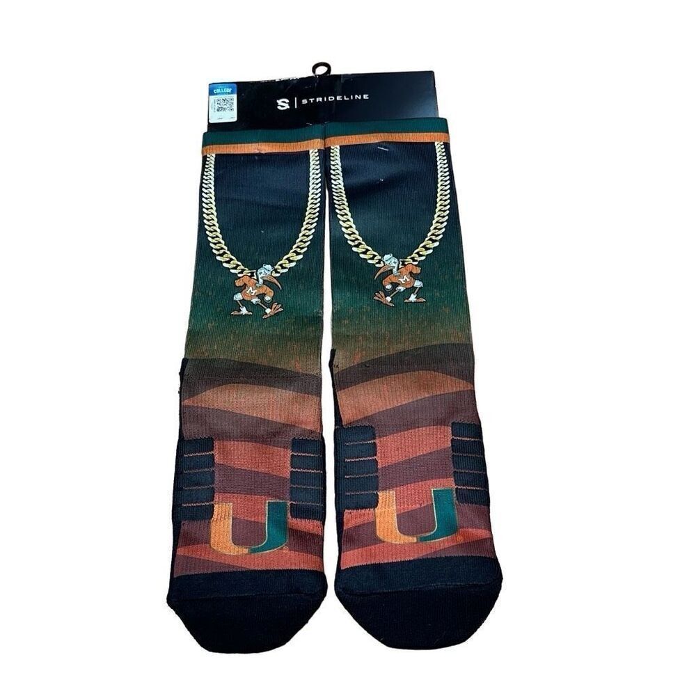 Strideline Mens Miami Hurricanes Chain Crew Socks, Green, One Size